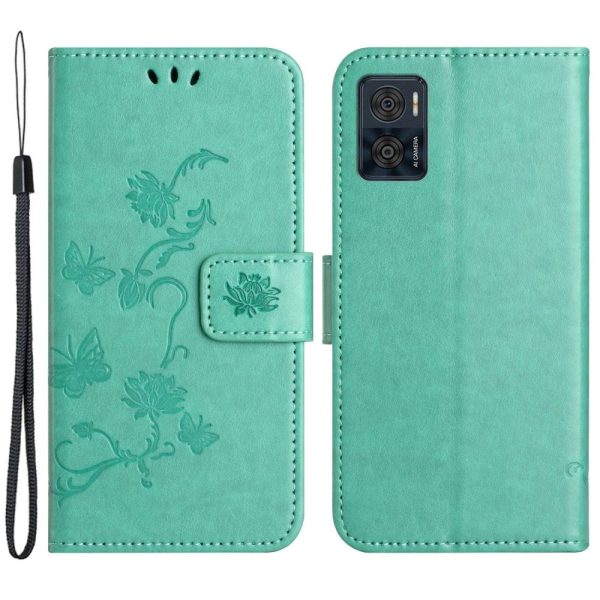 Motorola Moto E22   E22i Flip Cover m. Kortholder - Blomster & Sommerfugle - Cyan For Cheap