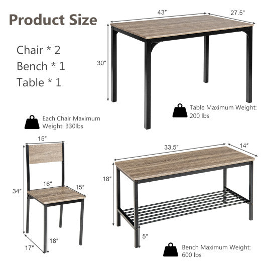 4 Pieces Rustic Dining Table Set with 2 Chairs and Bench-Gray For Sale