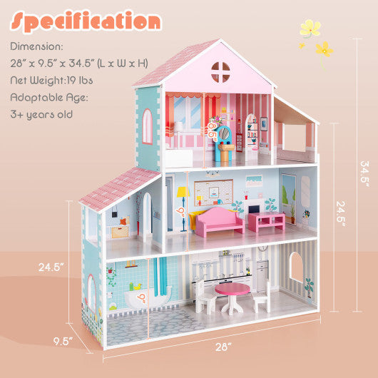 3-Tier Toddler Doll House with Furniture Gift for Age over 3 For Discount