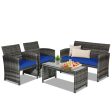 4 Pieces Patio Rattan Furniture Set with Glass Table and Loveseat-Navy Online