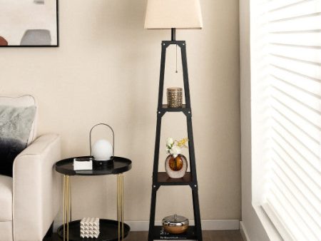 Trapezoidal Designed Floor Lamp with 3 Tiered Storage Shelf-Brown Online