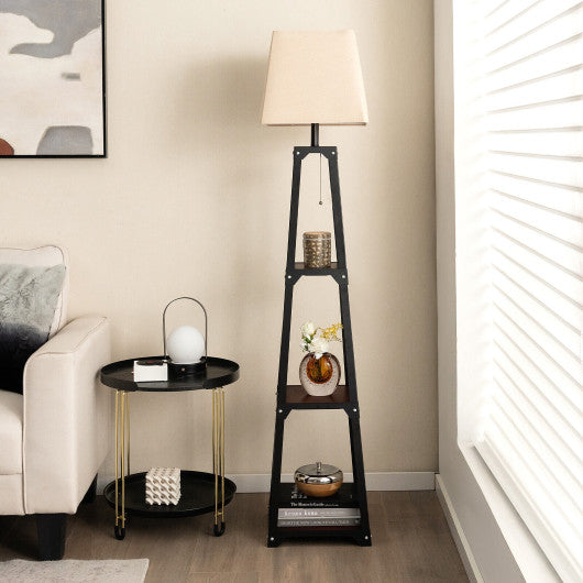 Trapezoidal Designed Floor Lamp with 3 Tiered Storage Shelf-Brown Online