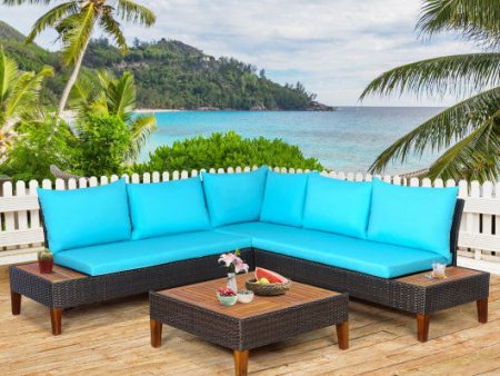 4 Pieces Patio Cushioned Rattan Furniture Set with Wooden Side Table-Turquoise For Cheap