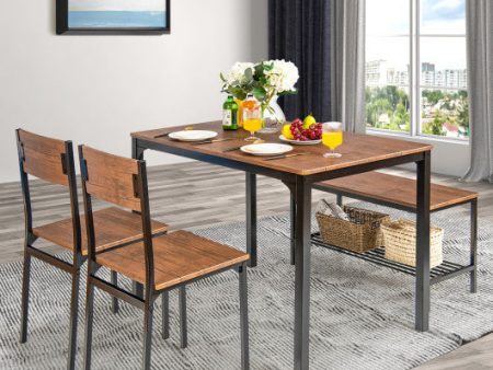 4 Pieces Rustic Dining Table Set with 2 Chairs and Bench-Brown Cheap