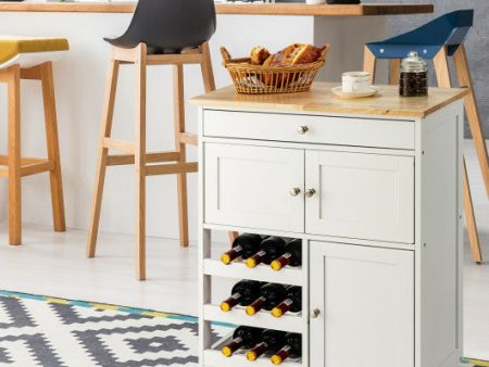 Kitchen Cart with Rubber Wood Top 3 Tier Wine Racks 2 Cabinets-White on Sale