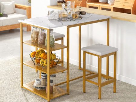 3 Pieces Gold Bar Table Set for 2 with 3-Tier Storage Shelves-Golden Sale