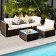 5 Pieces Cushioned Patio Rattan Furniture Set with Glass Table-White Fashion