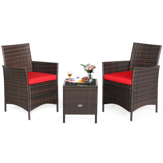 3 Pieces Patio Rattan Furniture Set Cushioned Sofa and Glass Tabletop Deck-Red on Sale