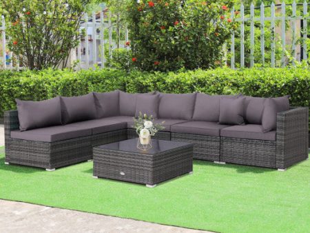 7 Pieces Patio Rattan Furniture Set Sectional Sofa Garden Cushion-Gray For Sale