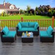 5 Pieces Cushioned Patio Rattan Furniture Set with Glass Table-Turquoise For Discount