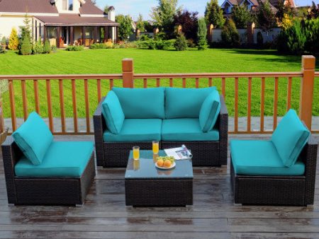 5 Pieces Cushioned Patio Rattan Furniture Set with Glass Table-Turquoise For Discount