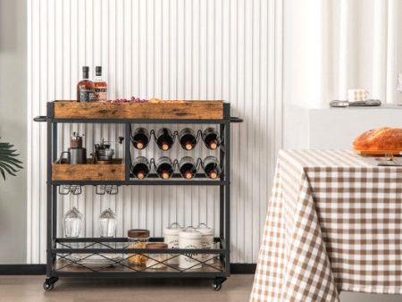 3-Tier Rolling Bar Cart with Removable Tray and Wine Rack-Rustic Brown Hot on Sale