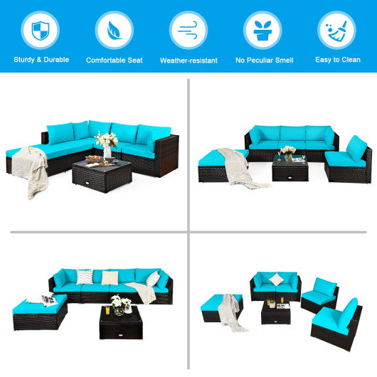 6 Pieces Outdoor Patio Rattan Furniture Set Sofa Ottoman-Turquoise Online Hot Sale