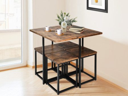 5 Pieces Metal Frame Dining Set with Compact Dining Table and 4 Stools -Walnut Supply