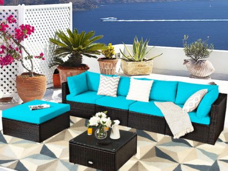 6 Pieces Outdoor Patio Rattan Furniture Set Sofa Ottoman-Turquoise Online Hot Sale