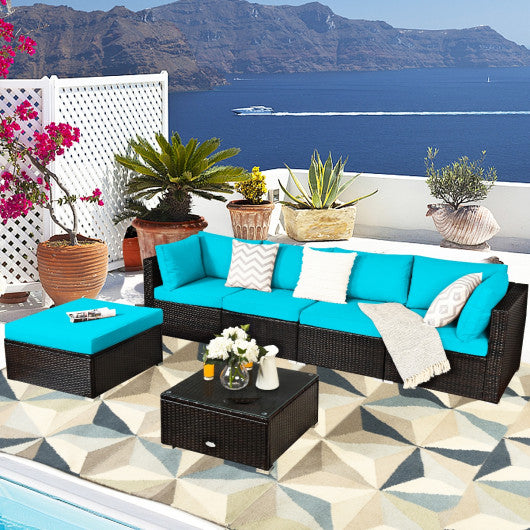 6 Pieces Outdoor Patio Rattan Furniture Set Sofa Ottoman-Turquoise Online Hot Sale