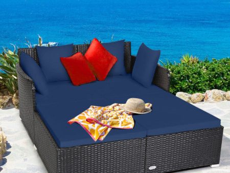 Spacious Outdoor Rattan Daybed with Upholstered Cushions and Pillows-Navy Online