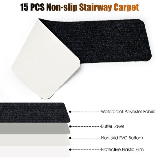 15 Pieces 30 x 8 Inch Slip Resistant Soft Stair Treads Carpet-Black Online Sale