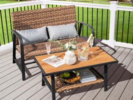 2 Pieces Patio Rattan Coffee Table Set with Shelf Online Sale