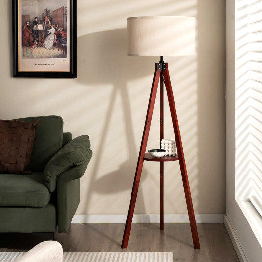 Tripod Floor Lamp Wood Standing Lamp with Flaxen Lamp Shade and E26 Lamp Base-Brown Sale