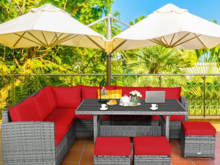 7 Pieces Patio Rattan Dining Furniture Sectional Sofa Set with Wicker Ottoman-Red Online Hot Sale