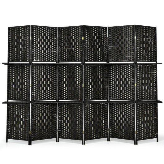 6 Panel Folding Weave Fiber Room Divider with 2 Display Shelves -Black Online Sale