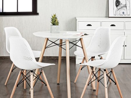 4 Pcs Modern Plastic Hollow Chair Set with Wood Leg-White on Sale