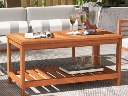 2-Tier Patio Coffee Table with Slatted Tabletop and Shelf For Cheap