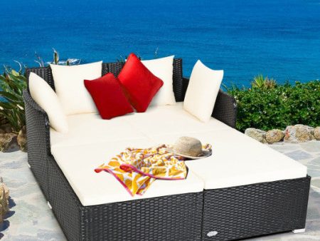 Spacious Outdoor Rattan Daybed with Upholstered Cushions and Pillows-White Hot on Sale