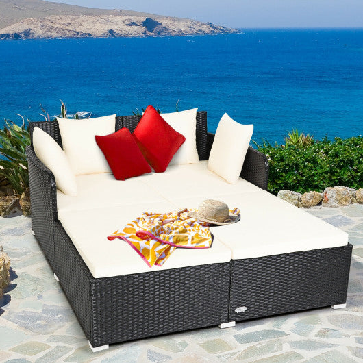 Spacious Outdoor Rattan Daybed with Upholstered Cushions and Pillows-White Hot on Sale