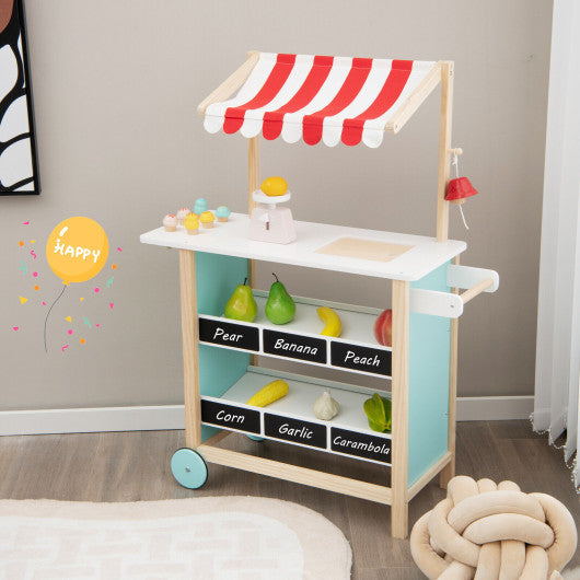 Kids Wooden Ice Cream Cart with Chalkboard and Storage Supply