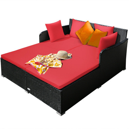 Spacious Outdoor Rattan Daybed with Upholstered Cushions and Pillows-Red Online Hot Sale