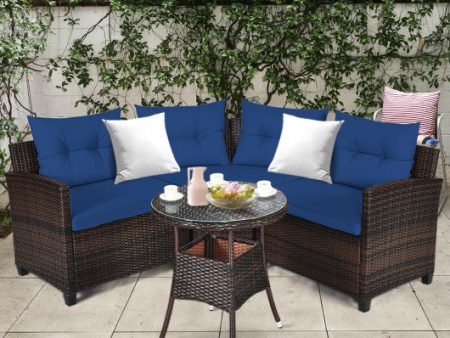 4 Pieces Outdoor Cushioned Rattan Furniture Set-Navy For Sale