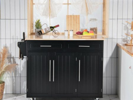 Kitchen Island Trolley Wood Top Rolling Storage Cabinet Cart with Knife Block-Black Cheap