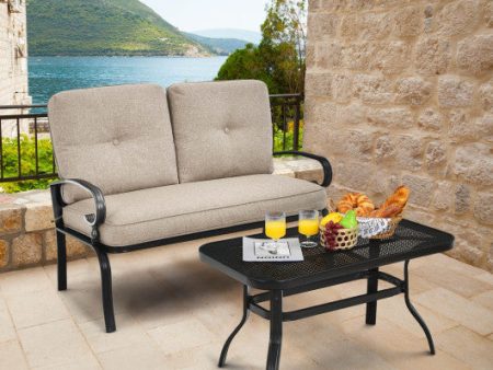 2 Pieces Patio Loveseat Bench Table Furniture Set with Cushioned Chair-Beige Sale