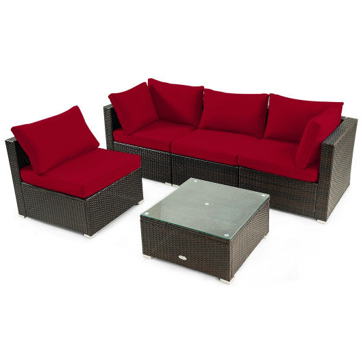 5 Pieces Cushioned Patio Rattan Furniture Set with Glass Table-Red Online Sale