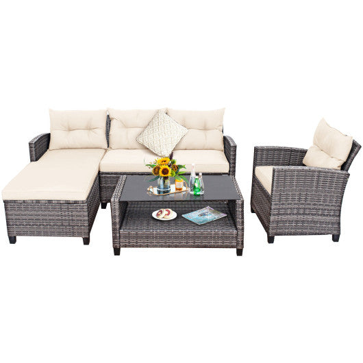 4 Pieces Patio Rattan Furniture Set with Cushion and Table Shelf-Off White For Discount