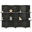 6 Panel Folding Weave Fiber Room Divider with 2 Display Shelves -Black Online Sale