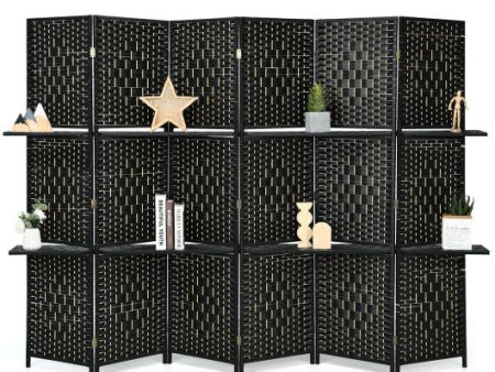 6 Panel Folding Weave Fiber Room Divider with 2 Display Shelves -Black Online Sale