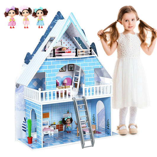 Wooden Dollhouse 3-Story Pretend Playset with Furniture and Doll Gift for Age 3+ Year For Cheap