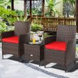 3 Pieces Patio Rattan Furniture Set Cushioned Sofa and Glass Tabletop Deck-Red on Sale