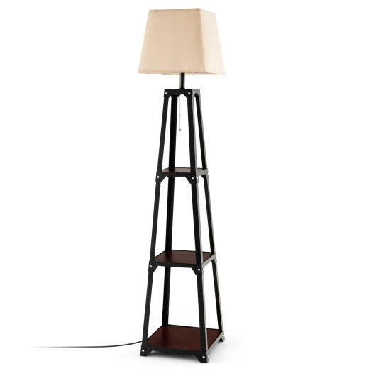 Trapezoidal Designed Floor Lamp with 3 Tiered Storage Shelf-Brown Online