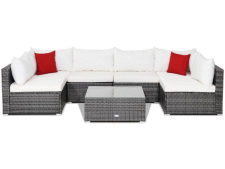 7 Pieces Patio Rattan Furniture Set Sectional Sofa Garden Cushion-White Cheap