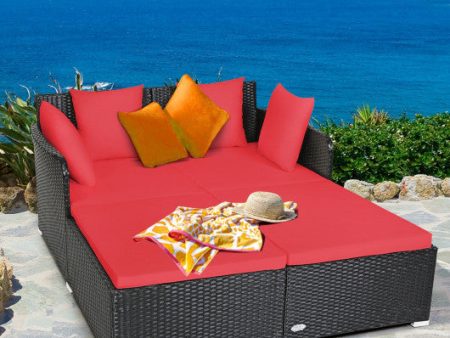 Spacious Outdoor Rattan Daybed with Upholstered Cushions and Pillows-Red Online Hot Sale