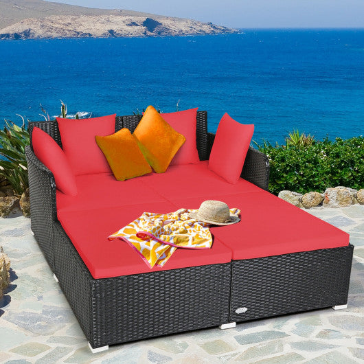 Spacious Outdoor Rattan Daybed with Upholstered Cushions and Pillows-Red Online Hot Sale