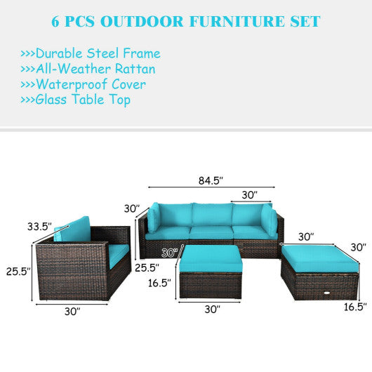 6 Pcs Patio Rattan Furniture Set with Sectional Cushion-Turquoise Online