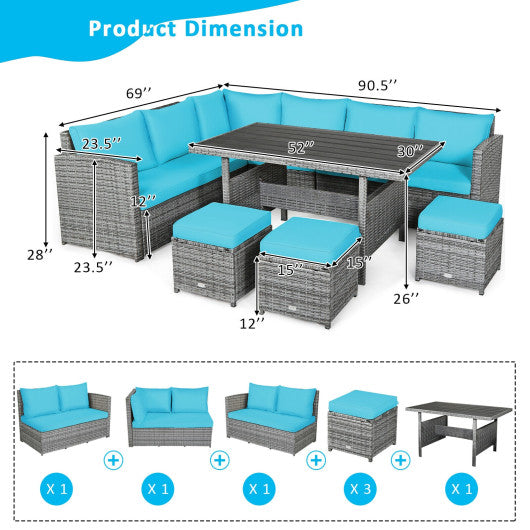 7 Pieces Patio Rattan Dining Furniture Sectional Sofa Set with Wicker Ottoman-Turquoise Online Hot Sale