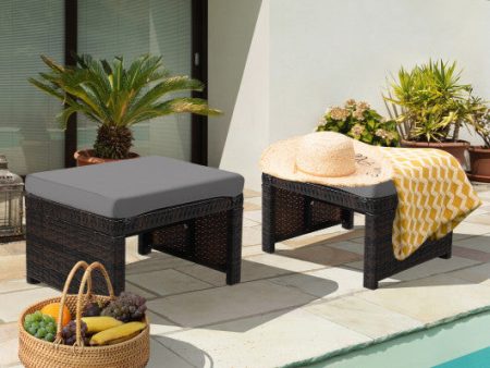 2 Pieces Patio Rattan Ottomans with Soft Cushion for Patio and Garden-Gray Sale