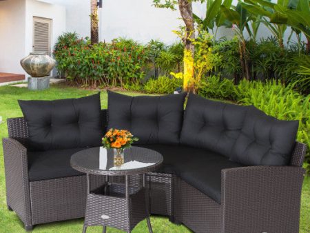 4 Pieces Patio Rattan Furniture Set Cushioned Sofa Glass Table-Black Online now