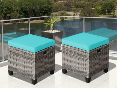 2PCS Patio Rattan Wicker Ottoman Seat with Removable Cushions-Turquoise Sale